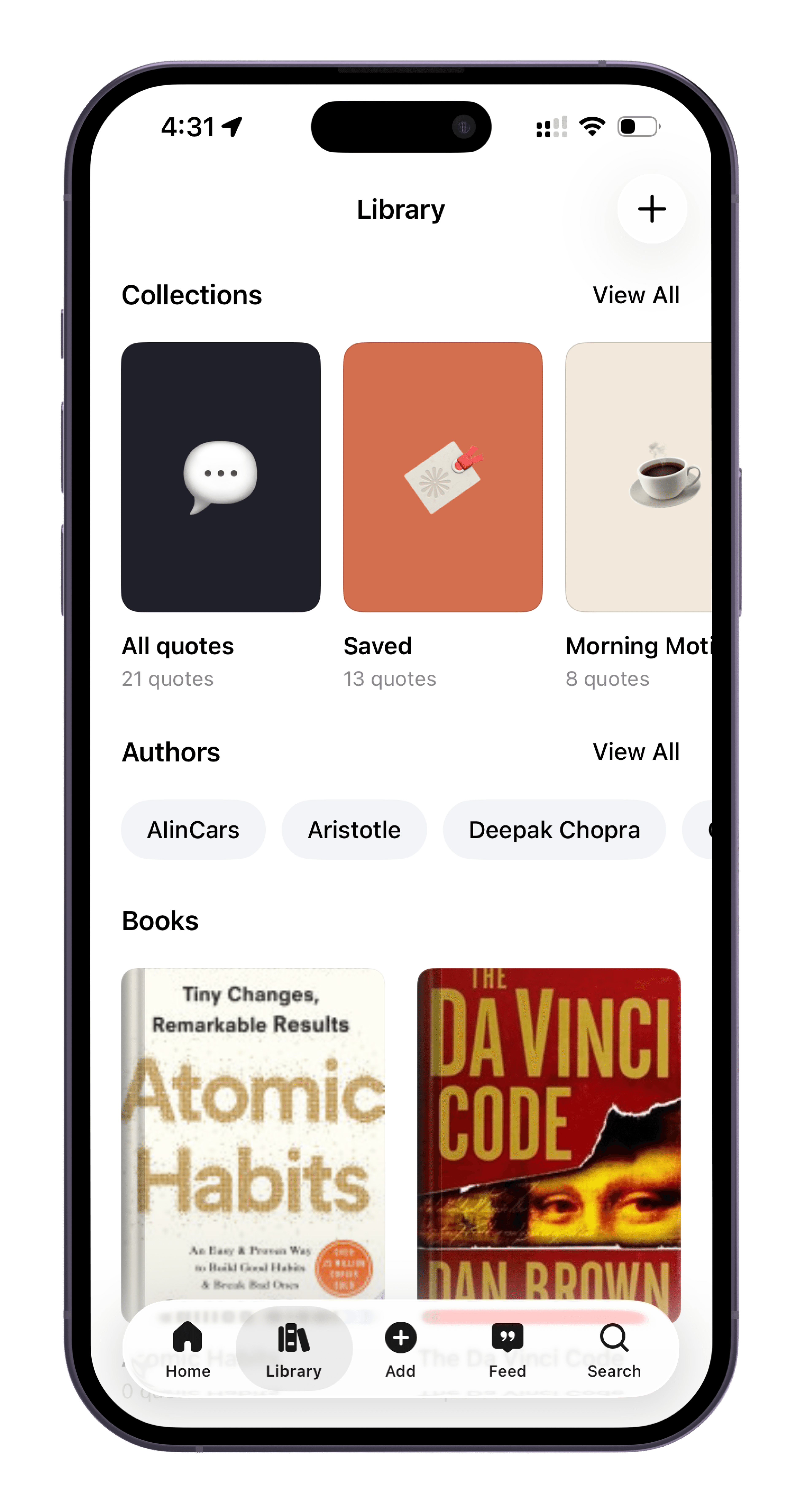 Linera personal library with books and saved quotes