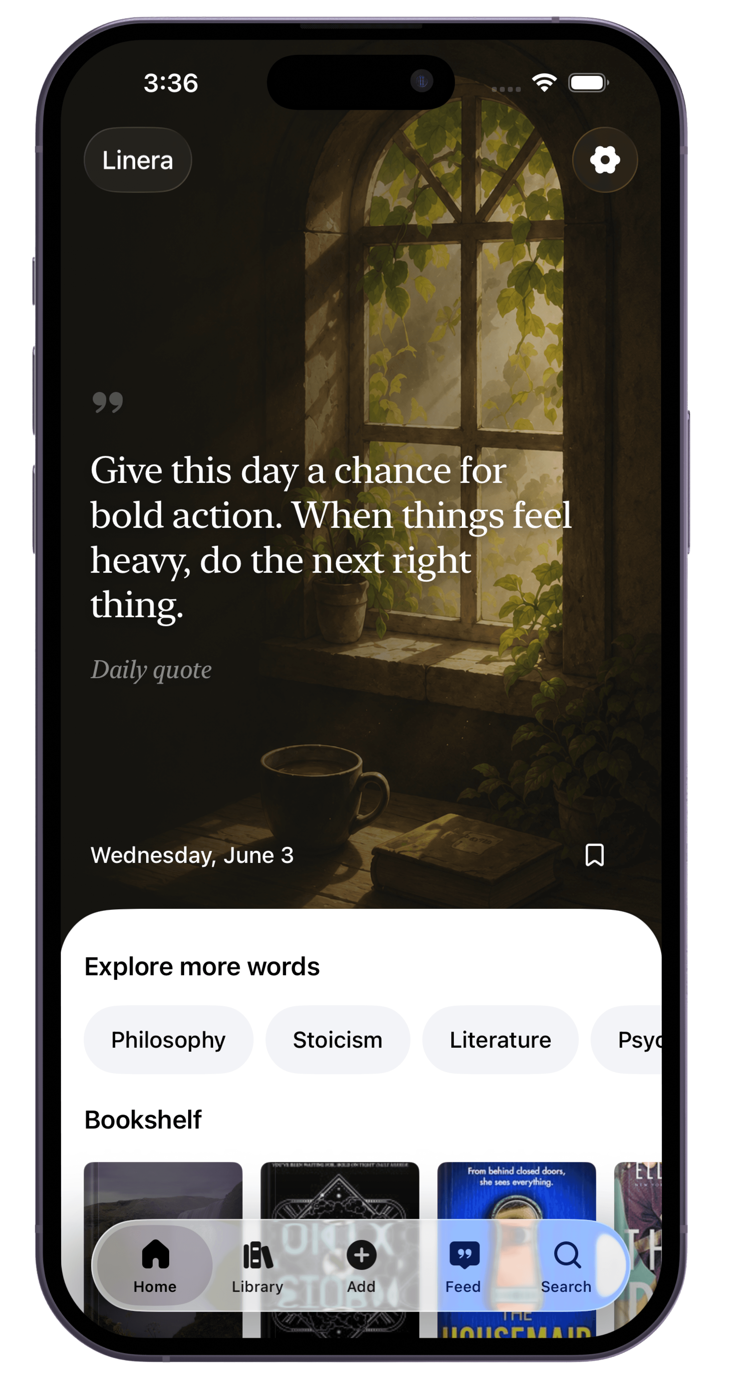 Linera iOS app interface showing organized book quotes